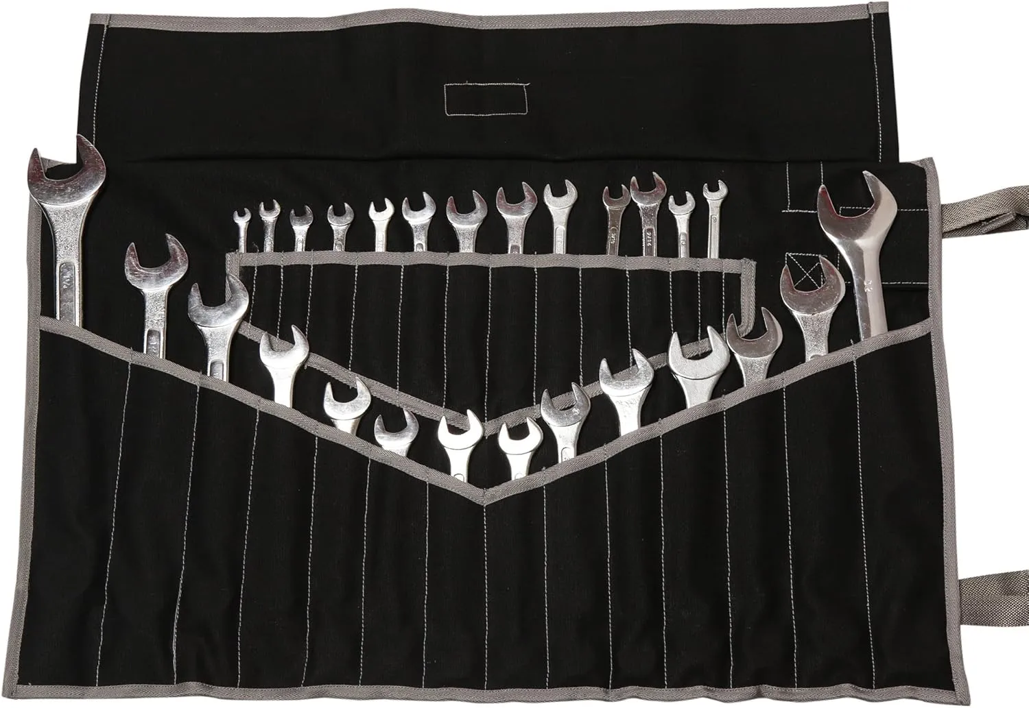 28 Pocket Hand Crafted Heavy Weight 100% Cotton 15 Oz. Duck Canvas Garage Ready Metric & SAE Wrenches and Tools Bag Organizer Roll Up Pouch - Dyed Coal Black - (Tools are not included)