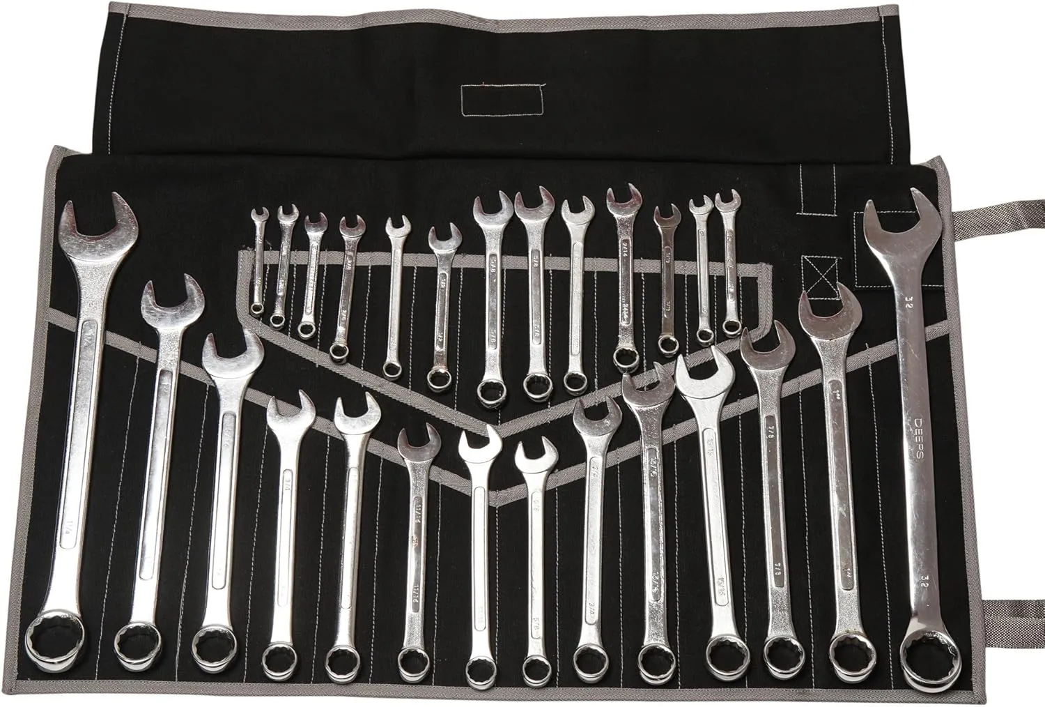 28 Pocket Hand Crafted Heavy Weight 100% Cotton 15 Oz. Duck Canvas Garage Ready Metric & SAE Wrenches and Tools Bag Organizer Roll Up Pouch - Dyed Coal Black - (Tools are not included)