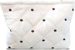 Aesthetic Quilted Makeup Bag Cosmetic Travel Pouch Purse Organizer, Canvas Lined, Cute Embroidery Diamond Dots Creamy White Silky Polyester