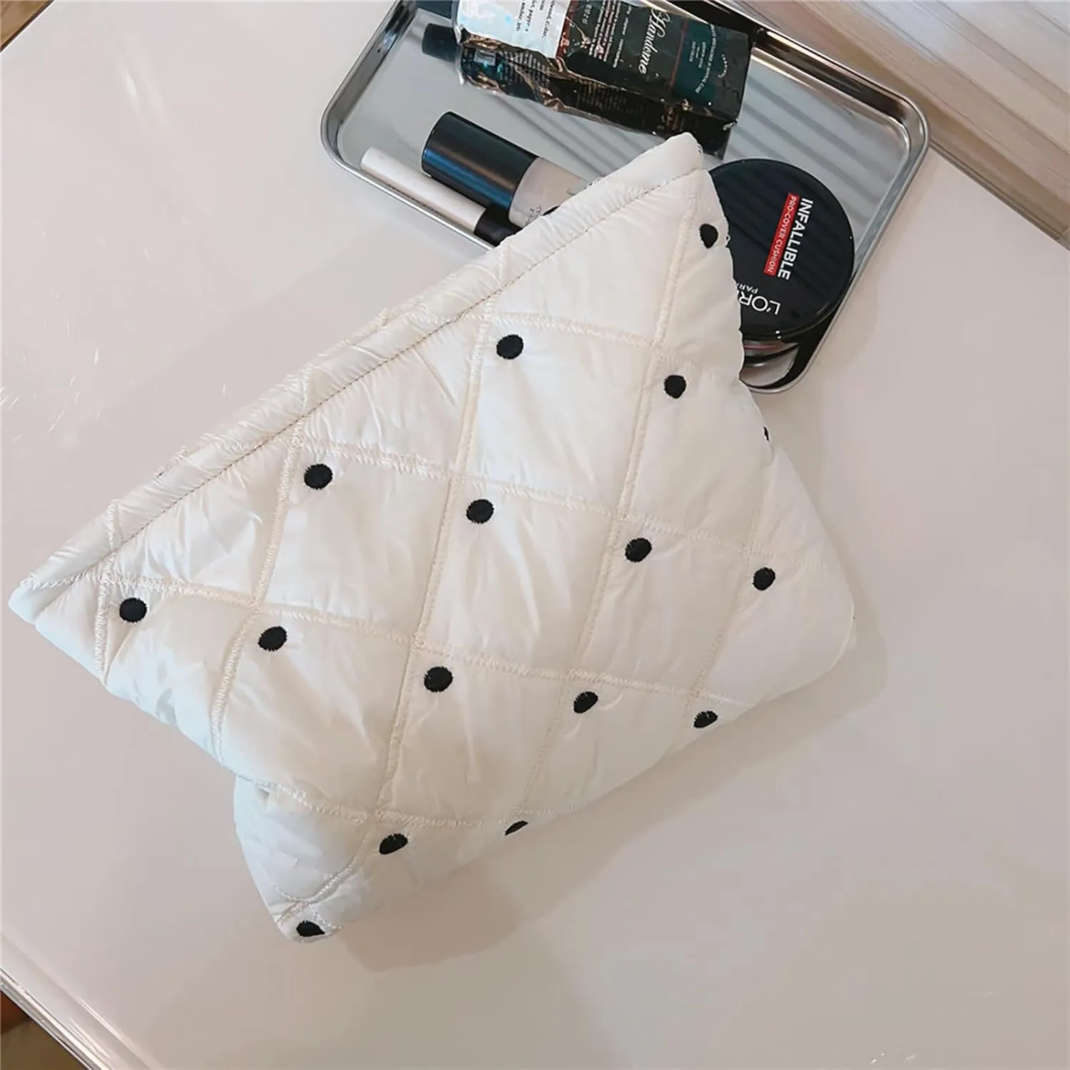 Aesthetic Quilted Makeup Bag Cosmetic Travel Pouch Purse Organizer, Canvas Lined, Cute Embroidery Diamond Dots Creamy White Silky Polyester