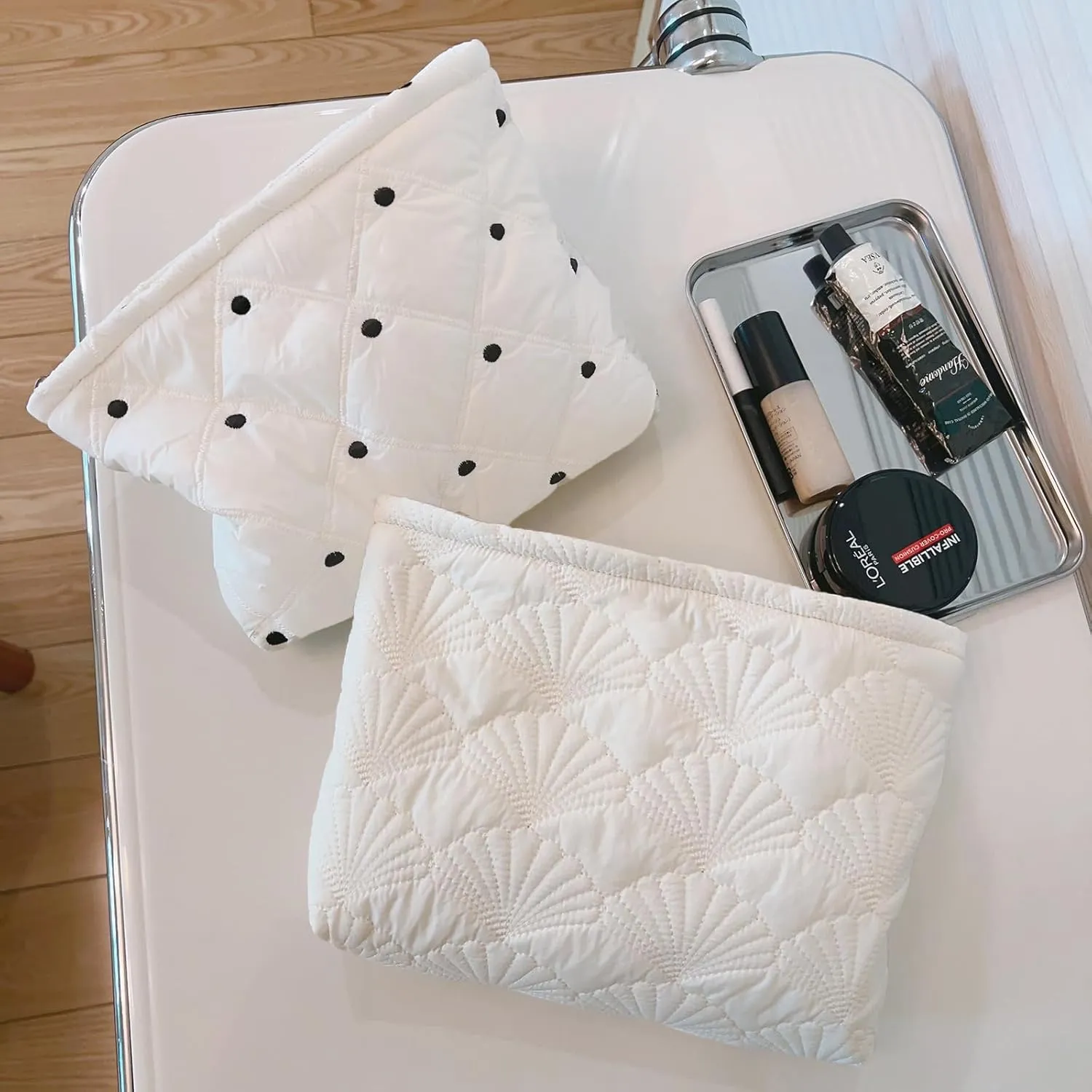 Aesthetic Quilted Makeup Bag Cosmetic Travel Pouch Purse Organizer, Canvas Lined, Cute Embroidery Diamond Dots Creamy White Silky Polyester