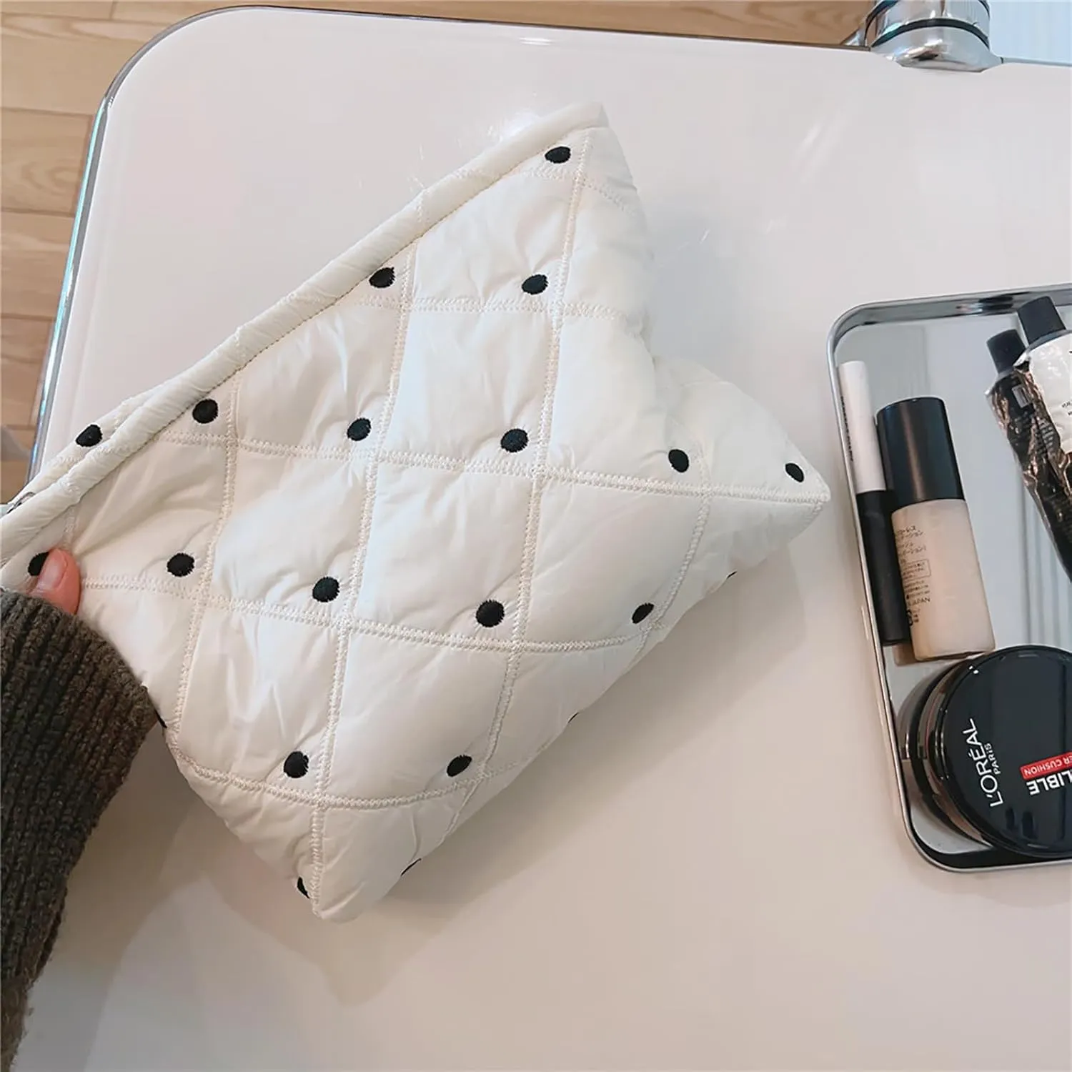 Aesthetic Quilted Makeup Bag Cosmetic Travel Pouch Purse Organizer, Canvas Lined, Cute Embroidery Diamond Dots Creamy White Silky Polyester