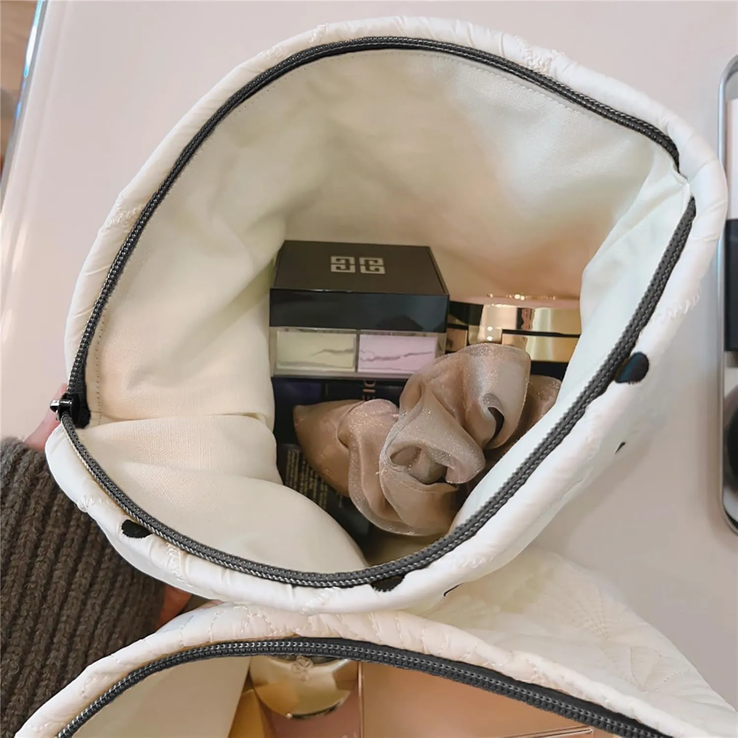 Aesthetic Quilted Makeup Bag Cosmetic Travel Pouch Purse Organizer, Canvas Lined, Cute Embroidery Diamond Dots Creamy White Silky Polyester