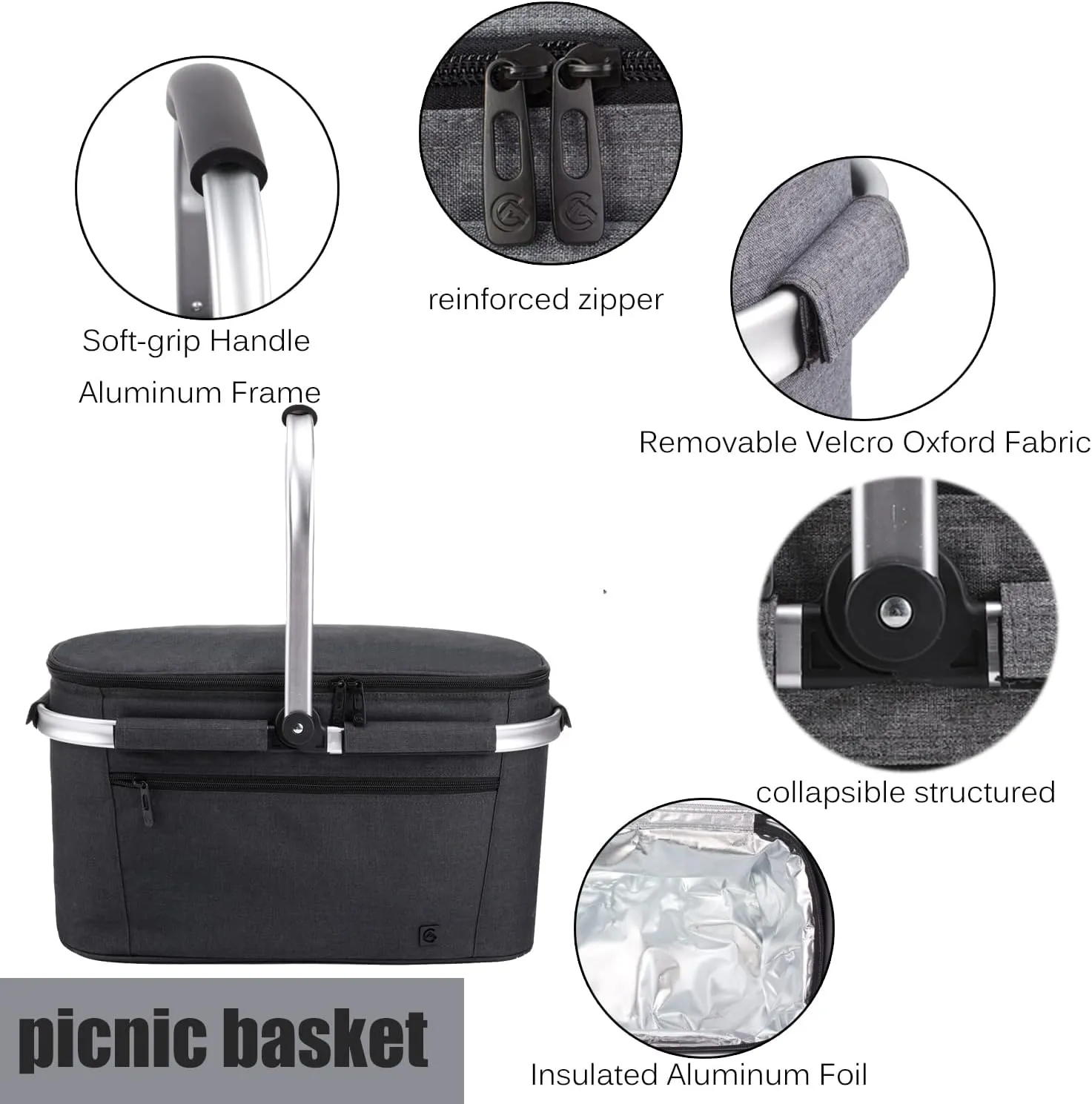 ALLCAMP OUTDOOR GEAR Large Picnic Basket 32L Shopping Basket Grocery Bags Folding Insulated Strong Aluminum Frame Market Basket(Large Jet Black)
