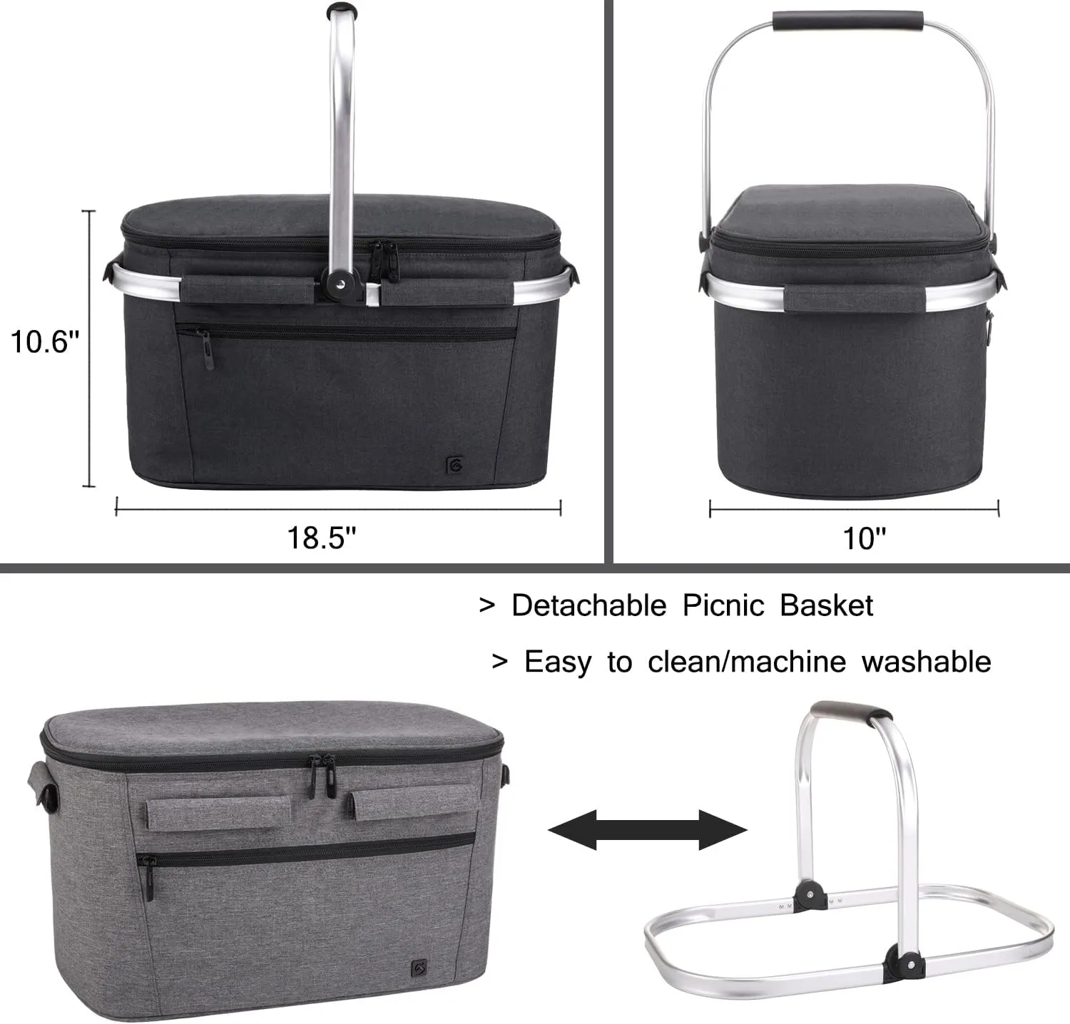 ALLCAMP OUTDOOR GEAR Large Picnic Basket 32L Shopping Basket Grocery Bags Folding Insulated Strong Aluminum Frame Market Basket(Large Jet Black)