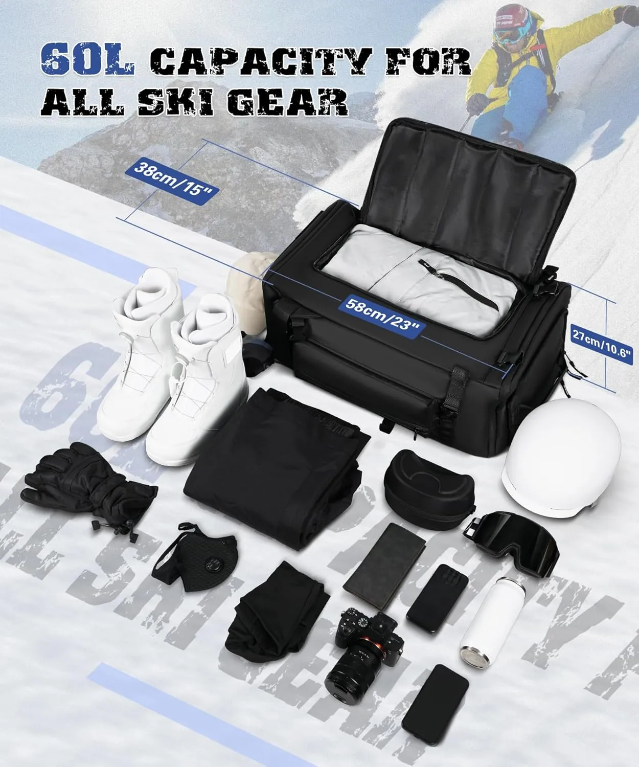 ARCFOX Ski Boot Bag Backpack 60L, Waterproof Snowboard Boot Bag Air Travel Padded Large Storage Fits Ski Helmet, Goggles, Gloves, Skis Poles Gear for Men Women Youth
