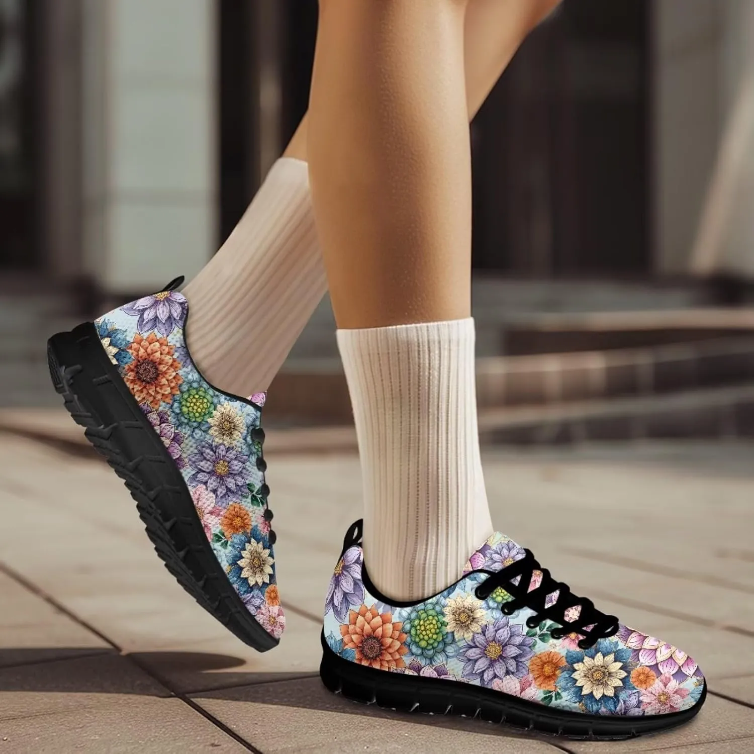 Bigcardesigns Womens Lightweight Athletic Fashion Sneaker Jogging Running Sports Shoes Colorful Floral Design