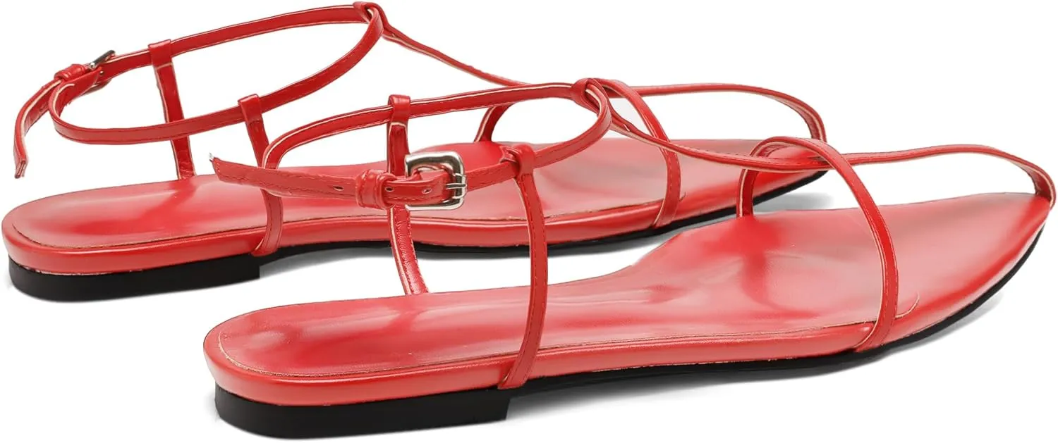 Black Flat Sandals for Women Adjustable Metallic Buckle Ankle Strap Slide Sandals Comfortable Pointed Open Toe Slip on Sandal