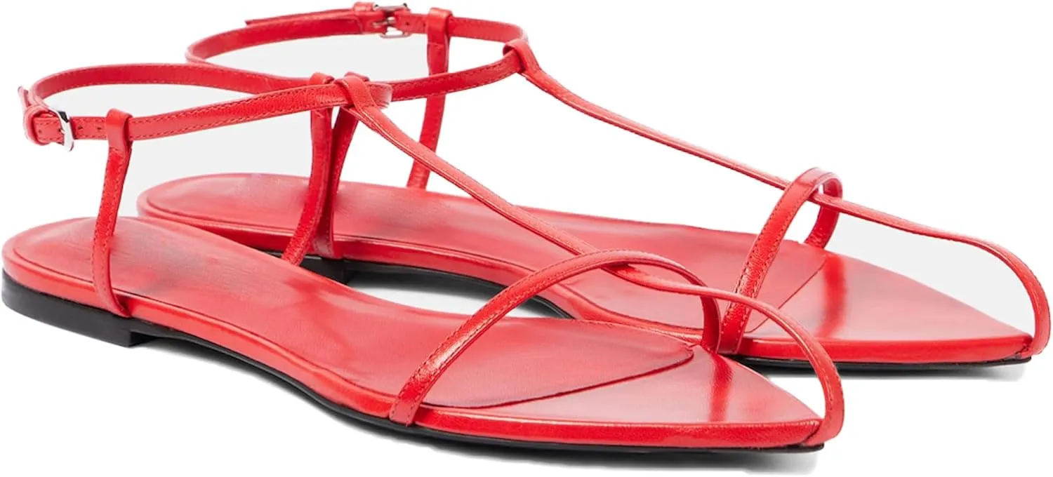 Black Flat Sandals for Women Adjustable Metallic Buckle Ankle Strap Slide Sandals Comfortable Pointed Open Toe Slip on Sandal