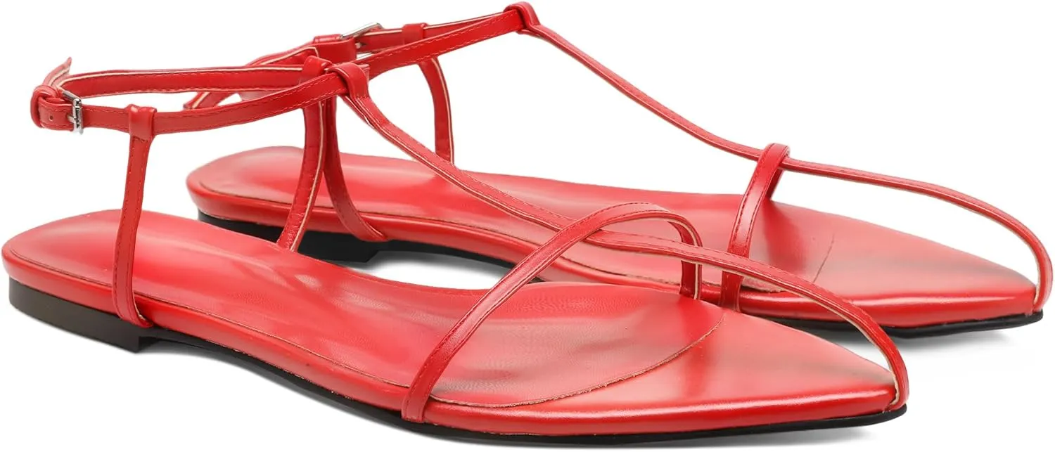 Black Flat Sandals for Women Adjustable Metallic Buckle Ankle Strap Slide Sandals Comfortable Pointed Open Toe Slip on Sandal