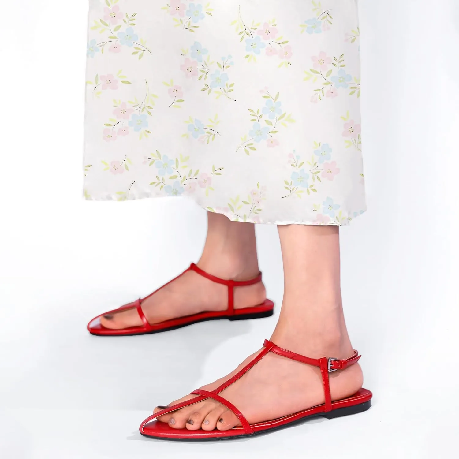 Black Flat Sandals for Women Adjustable Metallic Buckle Ankle Strap Slide Sandals Comfortable Pointed Open Toe Slip on Sandal