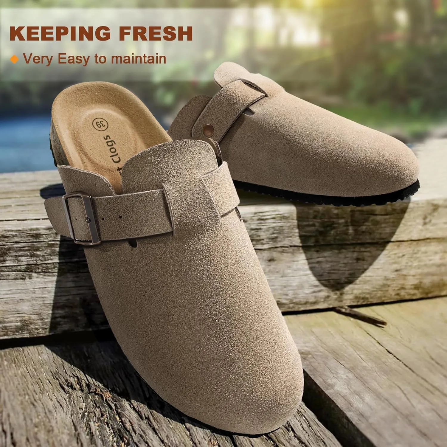 BULLIANT Women Suede Clogs Mules Sandals Slippers Potato Shoes-Cushioned Coak Footbed Crease-Resist Leather Upper