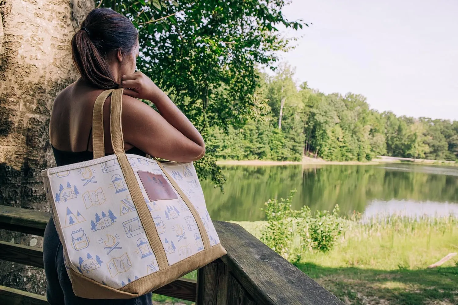 Camco Life is Better at The Campsite Canvas Tote Bag | Features a Heavy-Duty Cotton Canvas Design with Reinforced Base, a Unique RV-Themed Adventure Print, and a Zippered Top Closure | Large (53127)