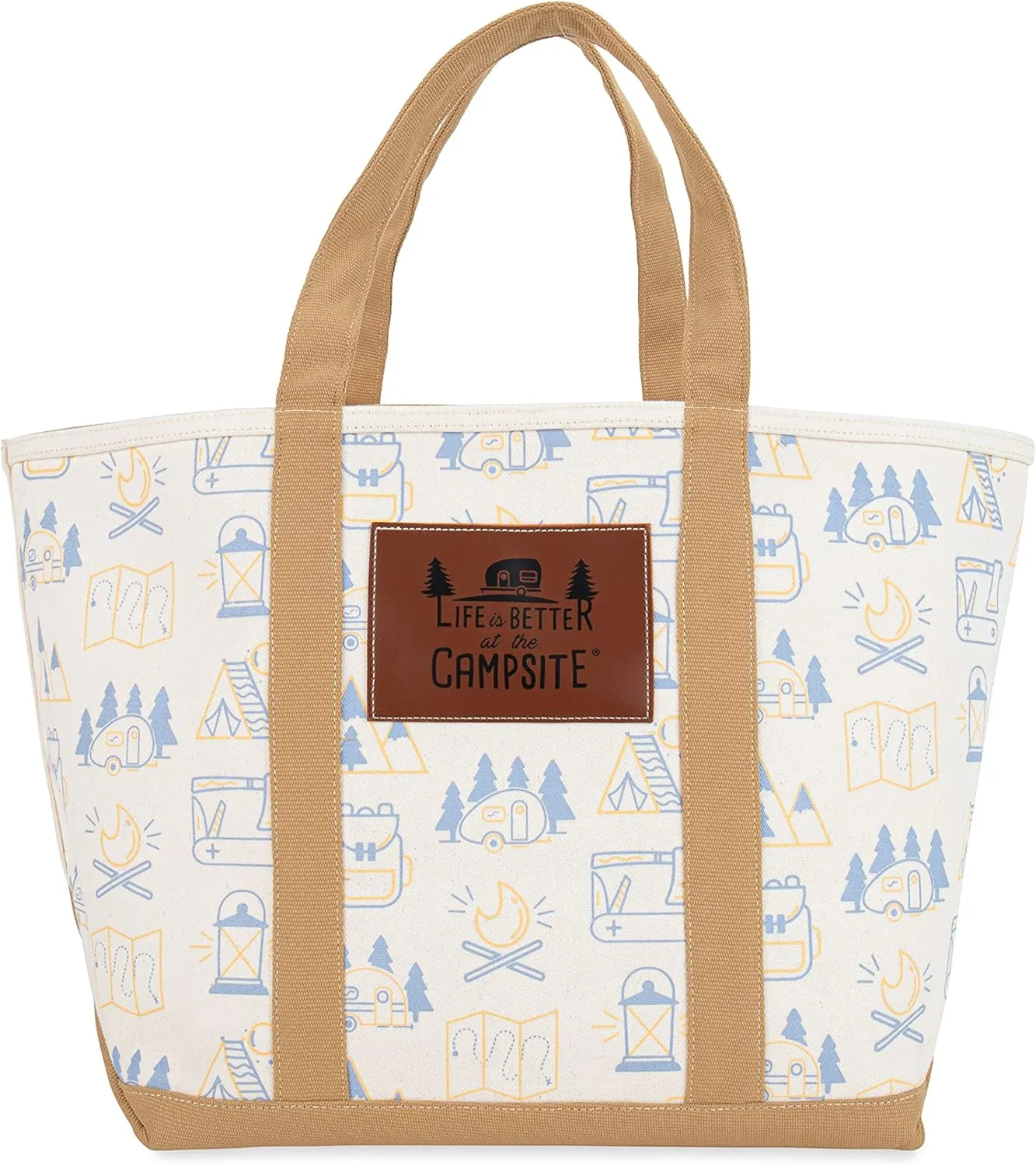 Camco Life is Better at The Campsite Canvas Tote Bag | Features a Heavy-Duty Cotton Canvas Design with Reinforced Base, a Unique RV-Themed Adventure Print, and a Zippered Top Closure | Large (53127)