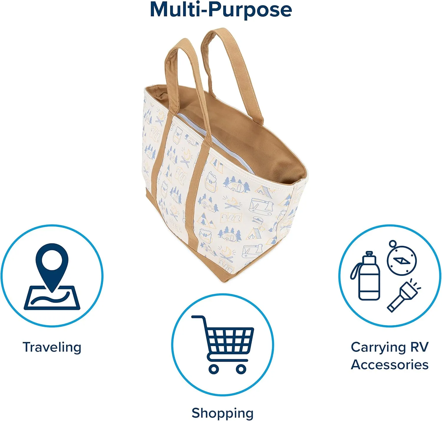Camco Life is Better at The Campsite Canvas Tote Bag | Features a Heavy-Duty Cotton Canvas Design with Reinforced Base, a Unique RV-Themed Adventure Print, and a Zippered Top Closure | Large (53127)