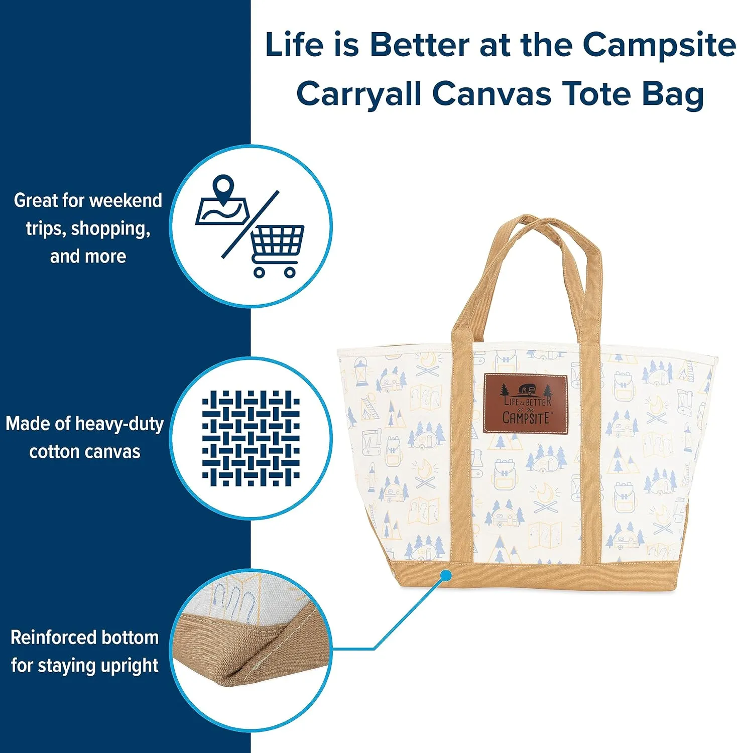 Camco Life is Better at The Campsite Canvas Tote Bag | Features a Heavy-Duty Cotton Canvas Design with Reinforced Base, a Unique RV-Themed Adventure Print, and a Zippered Top Closure | Large (53127)