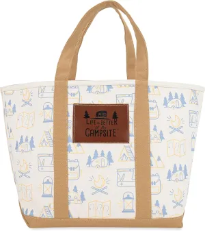 Camco Life is Better at The Campsite Canvas Tote Bag | Features a Heavy-Duty Cotton Canvas Design with Reinforced Base, a Unique RV-Themed Adventure Print, and a Zippered Top Closure | Large (53127)