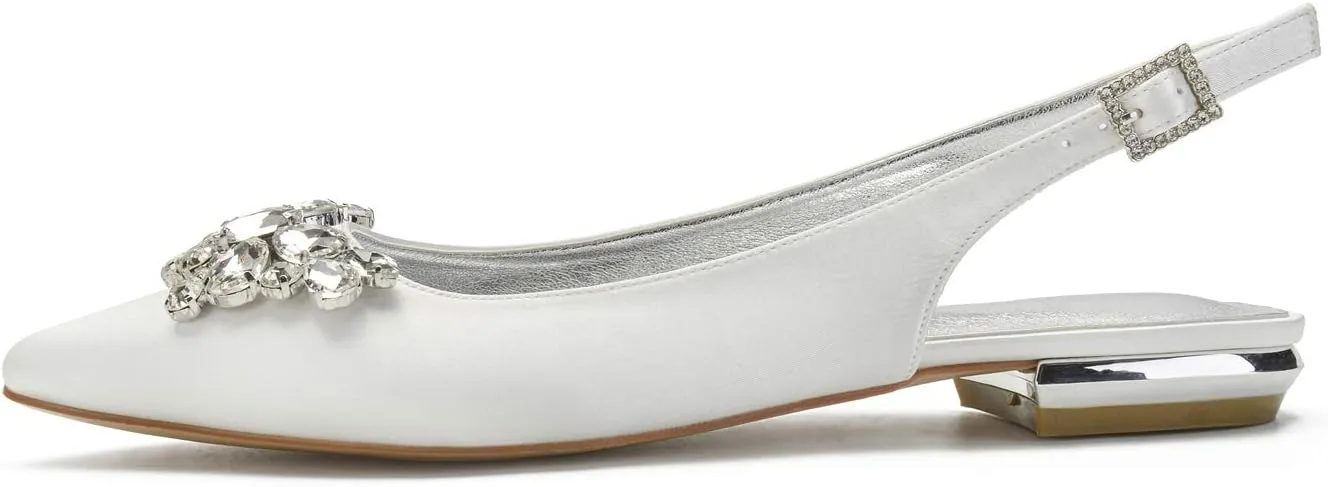 COMFASH Women's Slingback Flats Satin Pointed Toe Ballerina Walking Prom Evening Bridal Party Dress Flats Shoes, White