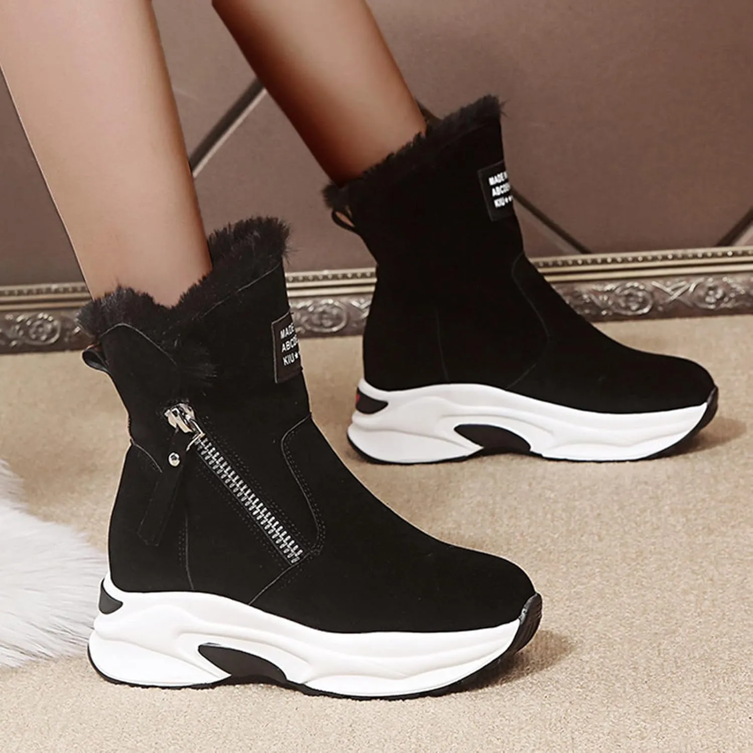 Cowboy Boots For Women Warm Thermal Casual Snow Boots Suede Winter Wedges Ankle Boots Furry Zipper Booties
