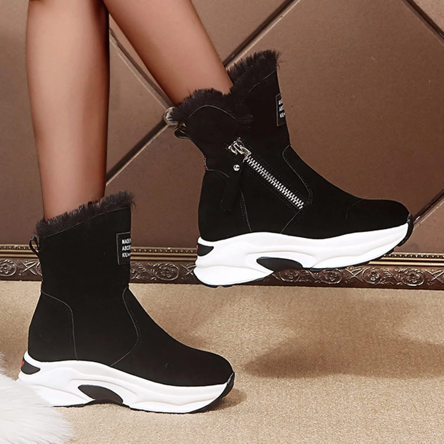 Cowboy Boots For Women Warm Thermal Casual Snow Boots Suede Winter Wedges Ankle Boots Furry Zipper Booties