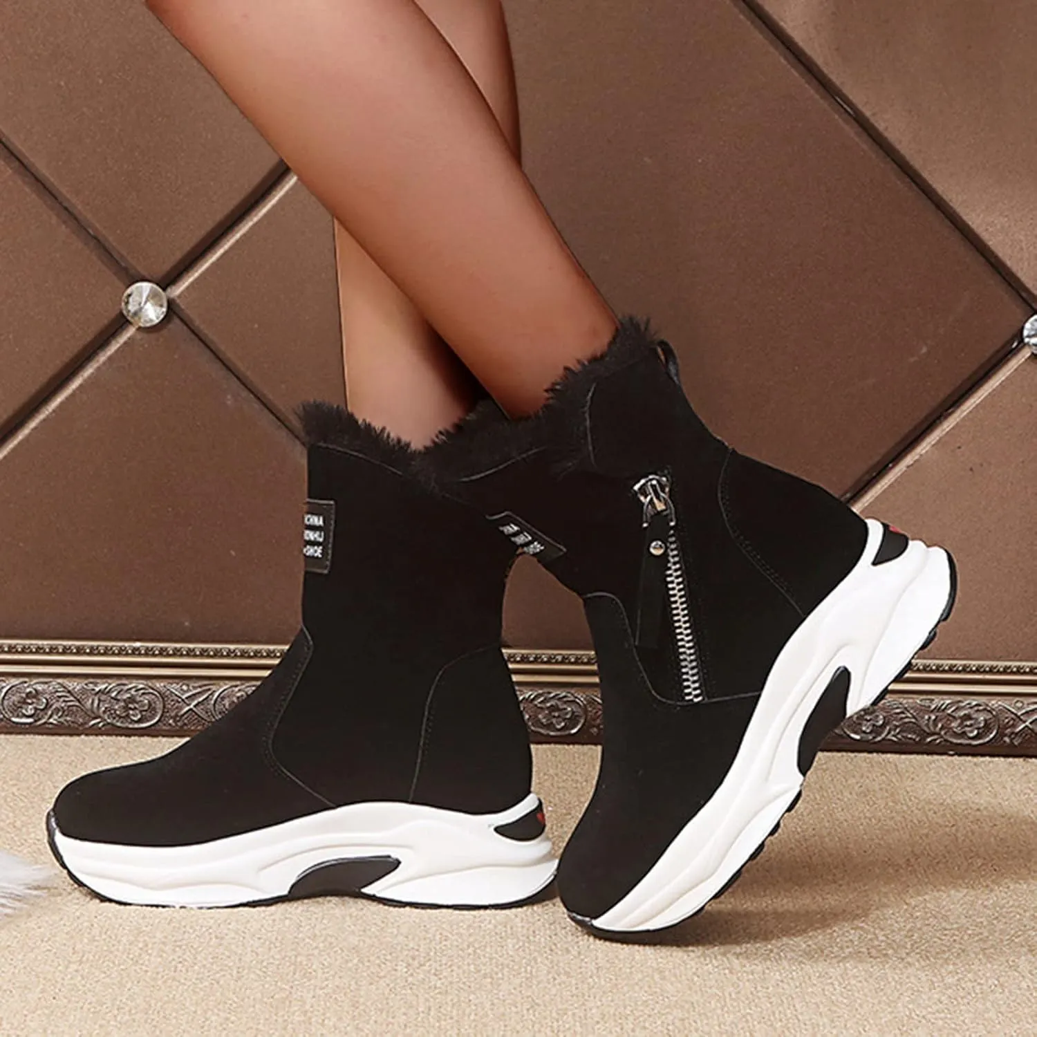 Cowboy Boots For Women Warm Thermal Casual Snow Boots Suede Winter Wedges Ankle Boots Furry Zipper Booties