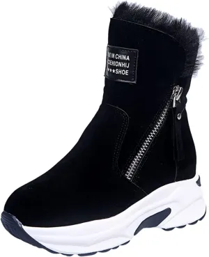Cowboy Boots For Women Warm Thermal Casual Snow Boots Suede Winter Wedges Ankle Boots Furry Zipper Booties