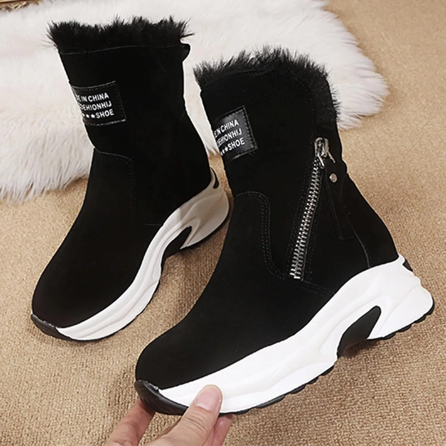 Cowboy Boots For Women Warm Thermal Casual Snow Boots Suede Winter Wedges Ankle Boots Furry Zipper Booties
