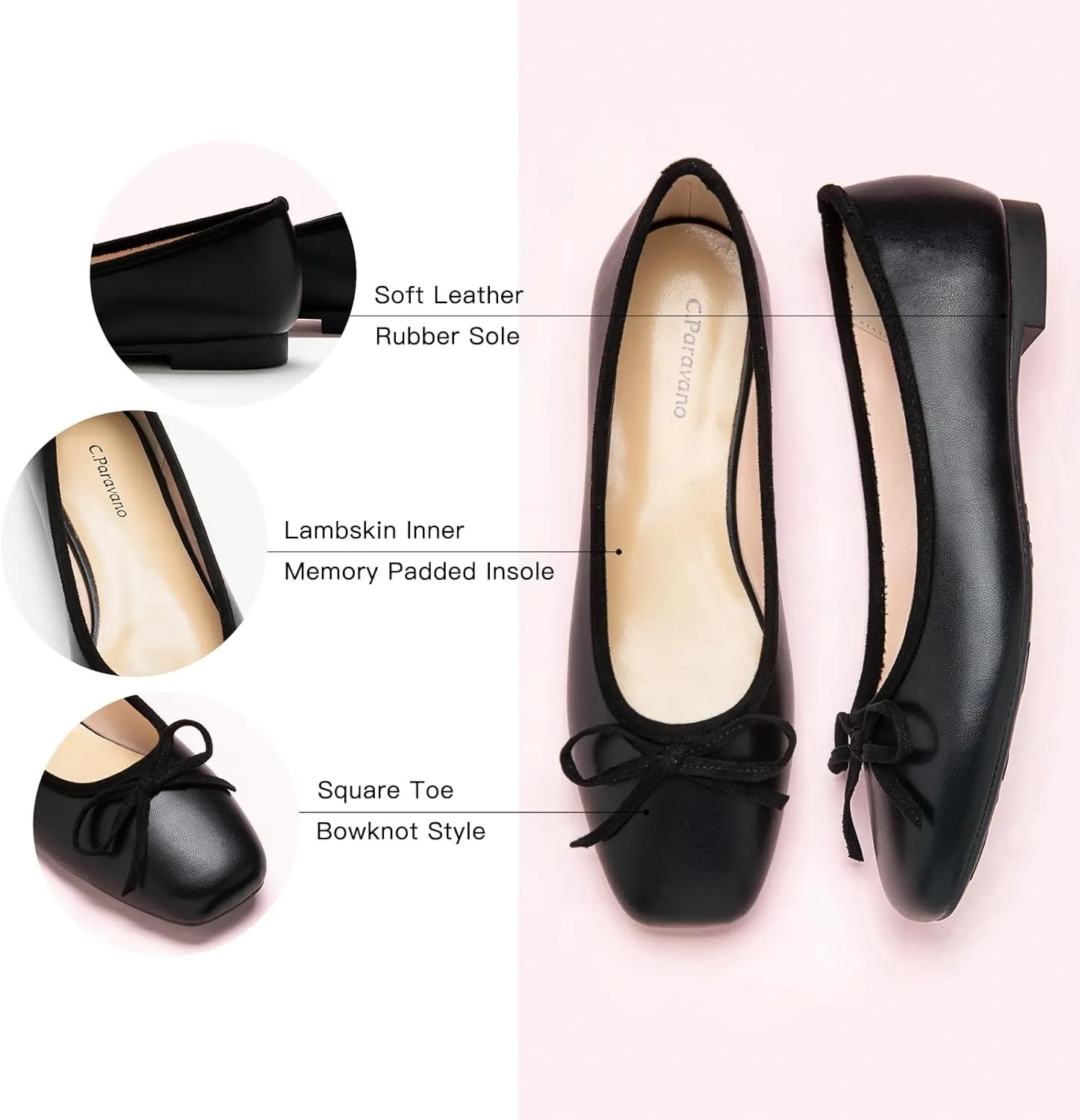 C.Paravano Women's Ballet Flats, Comfortable Slip On Round Toe Flat Shoes, Casual Walking Shoes for Women, Slip-On Bow Dressy Flats for Work Office & Wedding Party