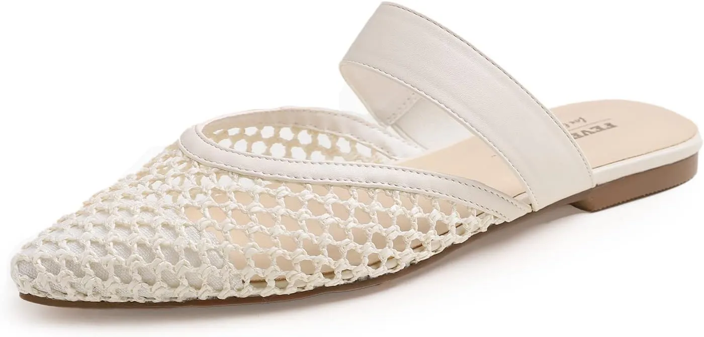 FEVERSOLE Pointed Toe Casual Slingback Flat Mules Women's Fashion Buckle Strap Slide Summer Slippers