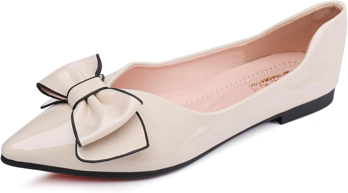 Flats Shoes Women Leather Comfortable Pointed Toe Dress Shoes Bow Memory Foam Insole Slip on Work Flats for Women