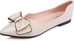 Flats Shoes Women Leather Comfortable Pointed Toe Dress Shoes Bow Memory Foam Insole Slip on Work Flats for Women