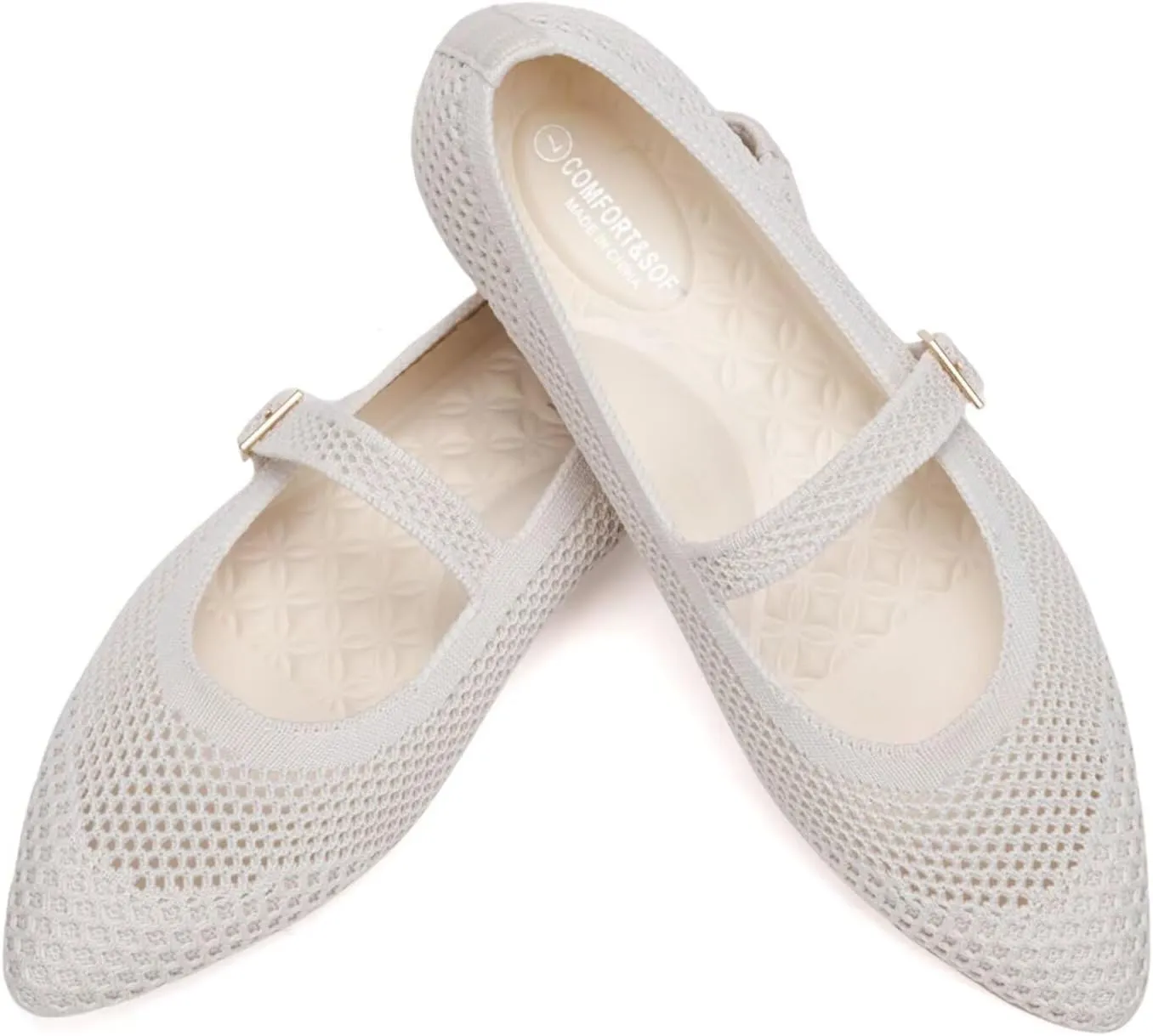 Frank Mully Women's Mesh Flats Mary Jane Shoes Pointed Toe Lightweight with Adjustable Instep Strap Knit Flat Shoes for Women Dressy Casual Washable Walking Shoes
