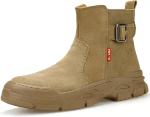 GLANOUDUN Welding Work Boots for Men High top Steel Toe Boots Indestructible Men's Steel Toe Shoes Zipper Construction Shoes Laceless Safety Welder Footwear Brown,7.5