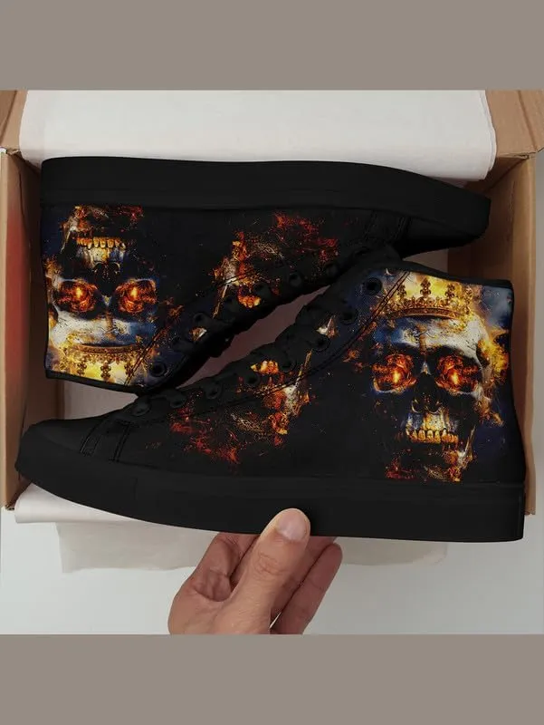 High-top Skull Canvas Sneaker for Men Women Lace up Fashion Unisex Flame Walking Casual Flat Shoes Black White Shoes
