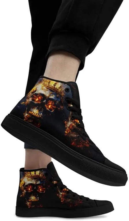 High-top Skull Canvas Sneaker for Men Women Lace up Fashion Unisex Flame Walking Casual Flat Shoes Black White Shoes
