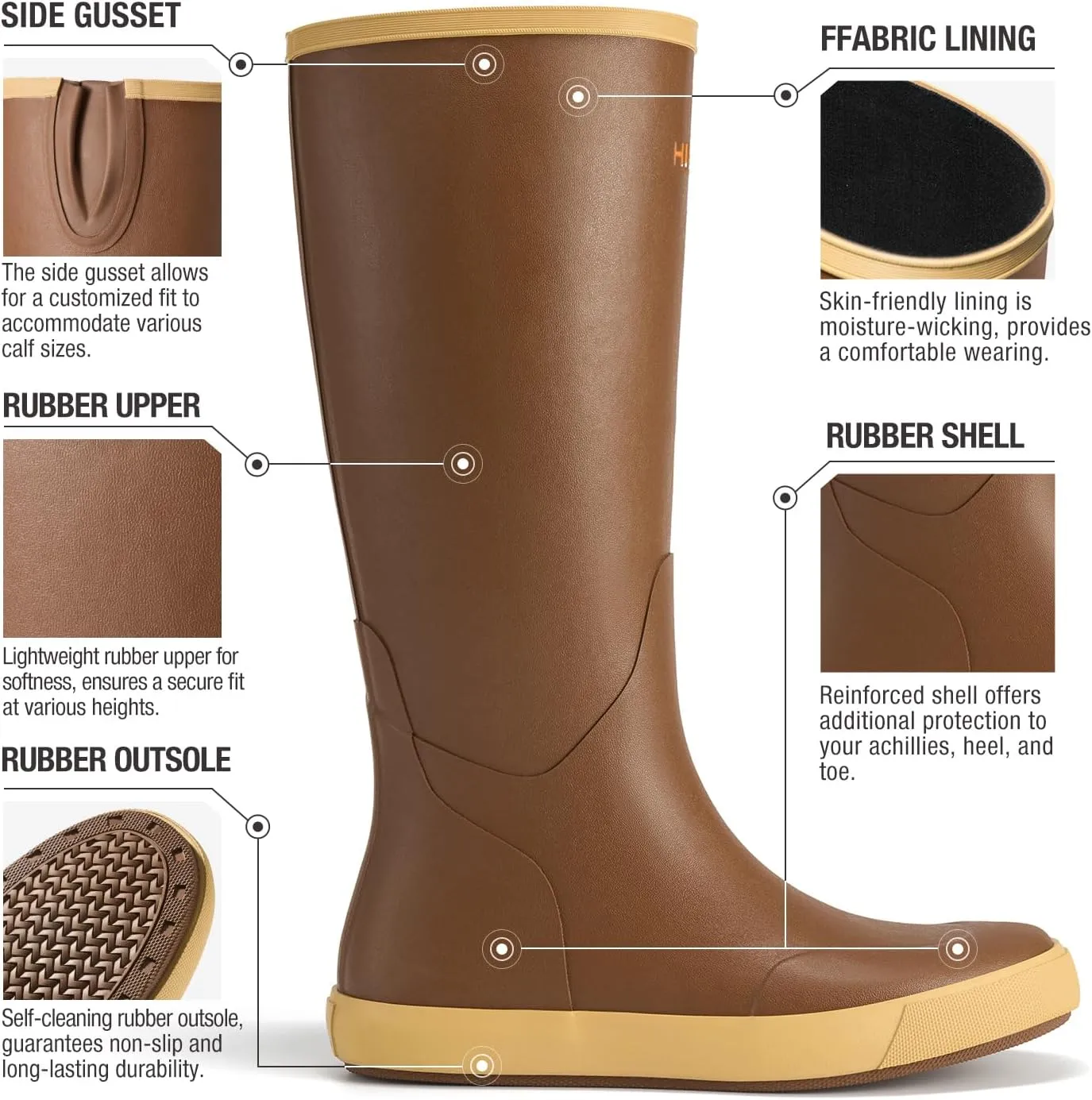 HISEA Mens Rubber Boots, 100% Natural Rubber Tall Rain Boots with Fabric Lining for Men