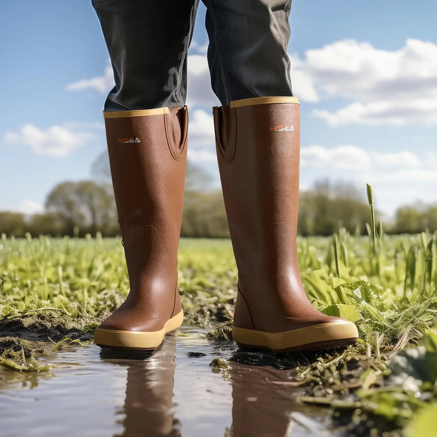 HISEA Mens Rubber Boots, 100% Natural Rubber Tall Rain Boots with Fabric Lining for Men