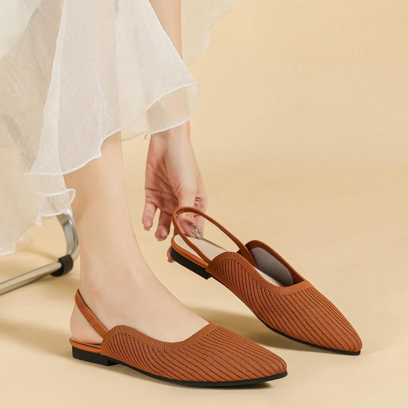 HROYL Slingback Flats for Women Pointed Toe Ballet Flats Shoes Women Dressy Comfortable Slip On Knit Flat Model XTZ-BT6