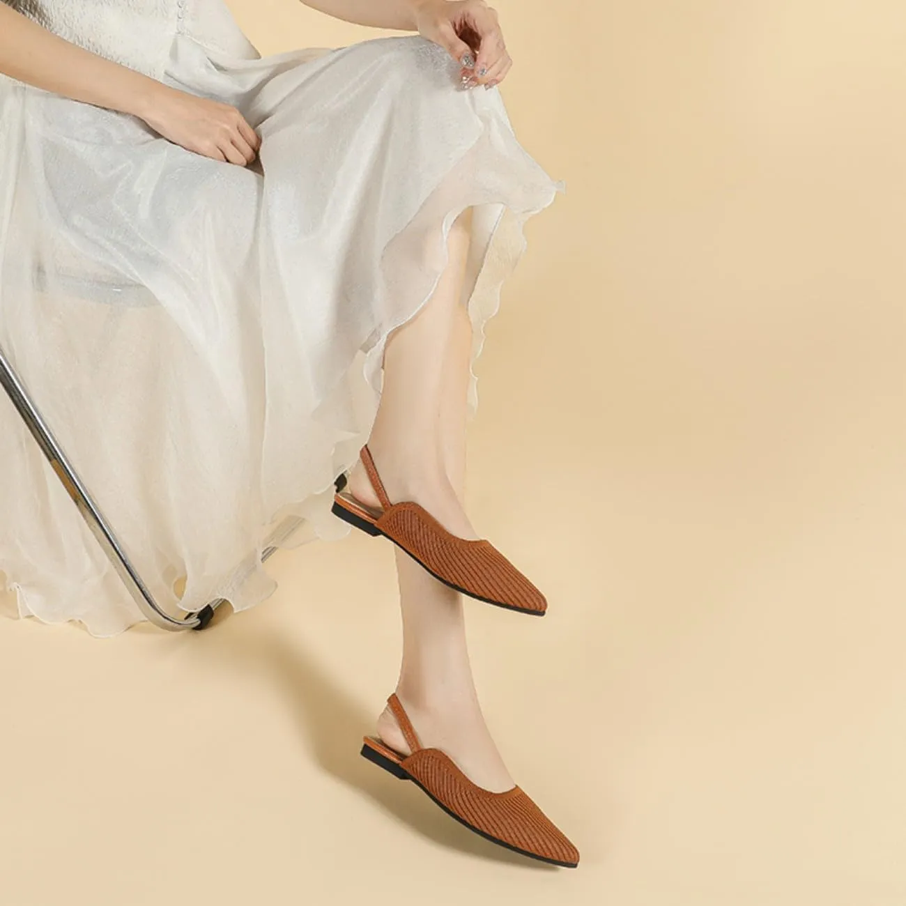 HROYL Slingback Flats for Women Pointed Toe Ballet Flats Shoes Women Dressy Comfortable Slip On Knit Flat Model XTZ-BT6