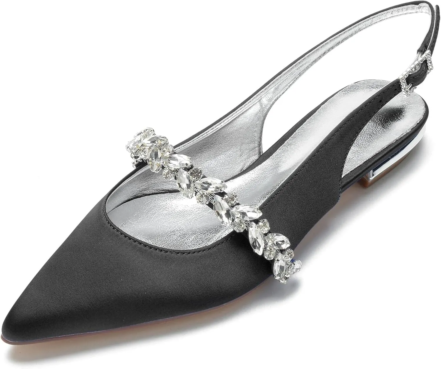 Hyinlays Women's Closed Toe Wedding Flats Slingback Pump Shoes for Bride Satin Crystal Pointed Toe Formal Party Flat Sandals