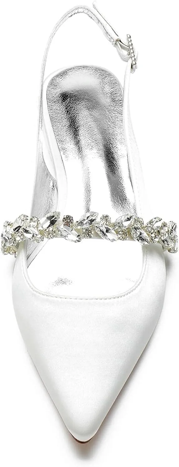 Hyinlays Women's Closed Toe Wedding Flats Slingback Pump Shoes for Bride Satin Crystal Pointed Toe Formal Party Flat Sandals