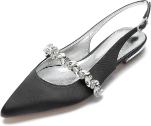 Hyinlays Women's Closed Toe Wedding Flats Slingback Pump Shoes for Bride Satin Crystal Pointed Toe Formal Party Flat Sandals