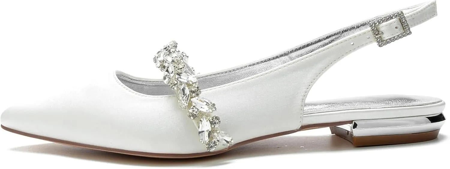 Hyinlays Women's Closed Toe Wedding Flats Slingback Pump Shoes for Bride Satin Crystal Pointed Toe Formal Party Flat Sandals