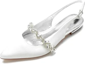 Hyinlays Women's Closed Toe Wedding Flats Slingback Pump Shoes for Bride Satin Crystal Pointed Toe Formal Party Flat Sandals