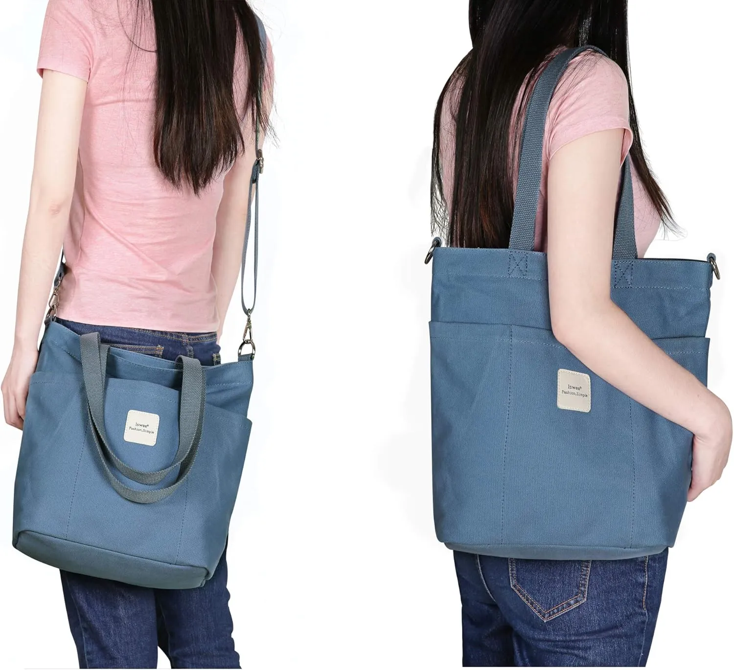 Iswee Canvas Tote Bag with Zipper Multi Pockets Tote Purse for Women Fashion Crossbody Tote Shoulder Bag Handbag Everyday Bag
