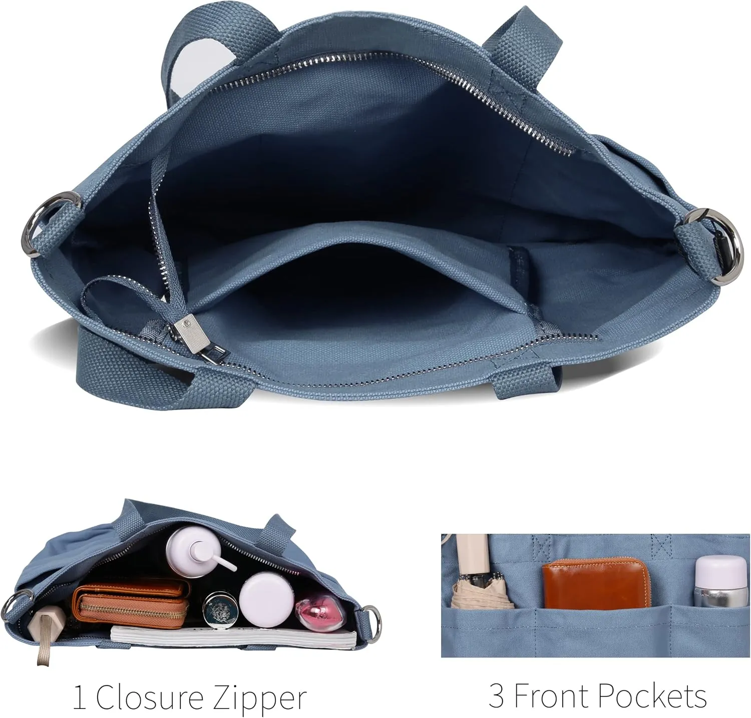Iswee Canvas Tote Bag with Zipper Multi Pockets Tote Purse for Women Fashion Crossbody Tote Shoulder Bag Handbag Everyday Bag