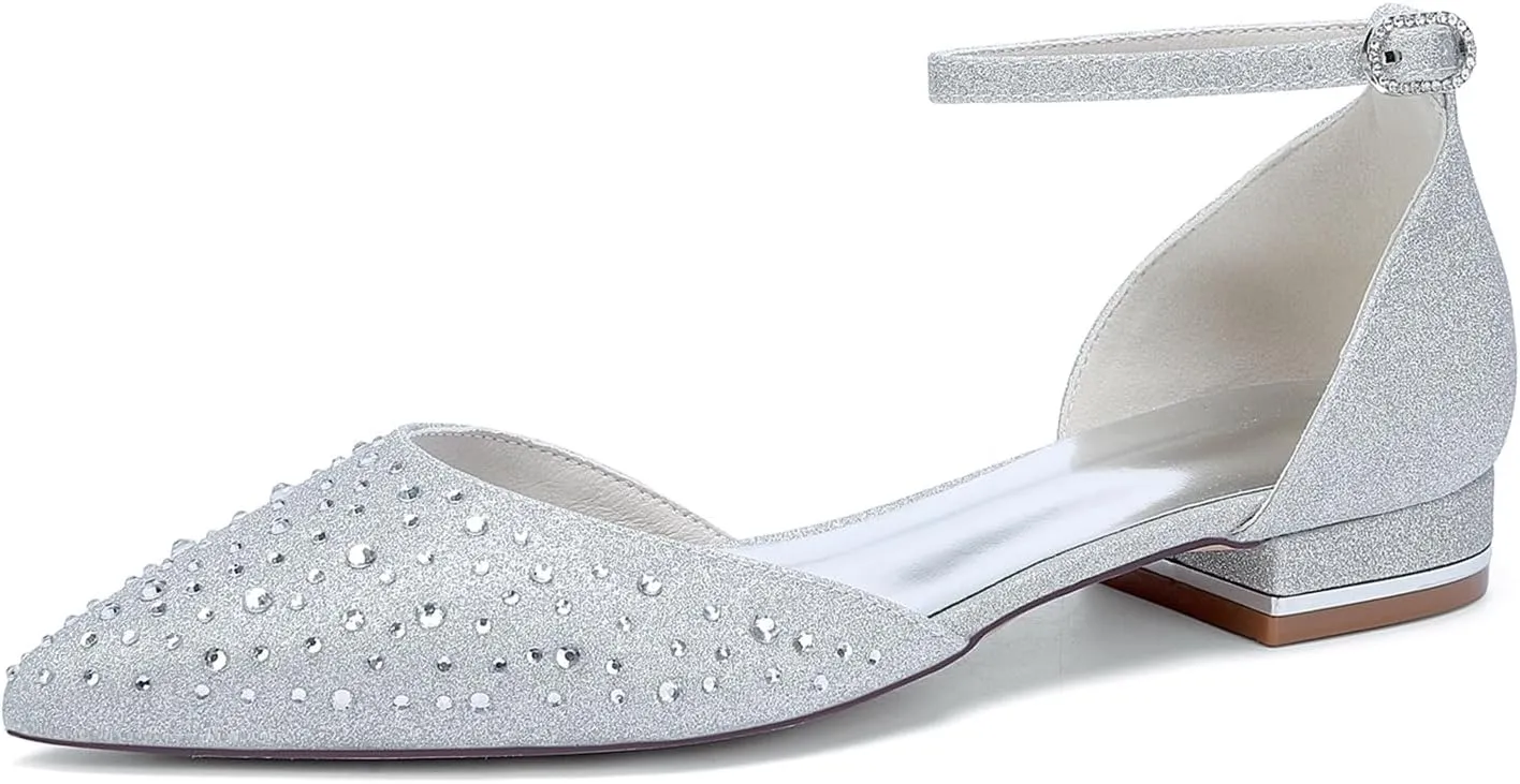 Ivory Rhinestones Bridal Wedding Shoes for Women Low Heel Ankle Strap Pointy Toe Flat Pumps Formal Prom Party Sandals