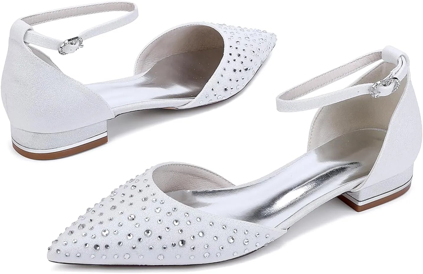 Ivory Rhinestones Bridal Wedding Shoes for Women Low Heel Ankle Strap Pointy Toe Flat Pumps Formal Prom Party Sandals