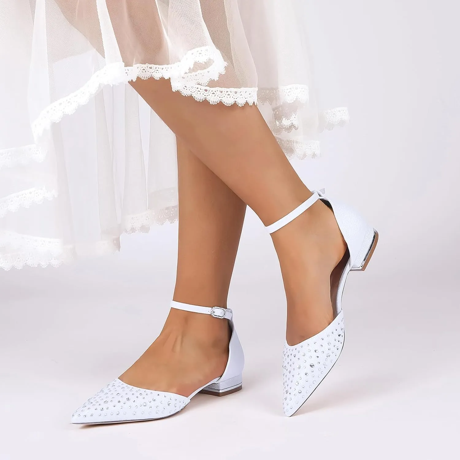 Ivory Rhinestones Bridal Wedding Shoes for Women Low Heel Ankle Strap Pointy Toe Flat Pumps Formal Prom Party Sandals