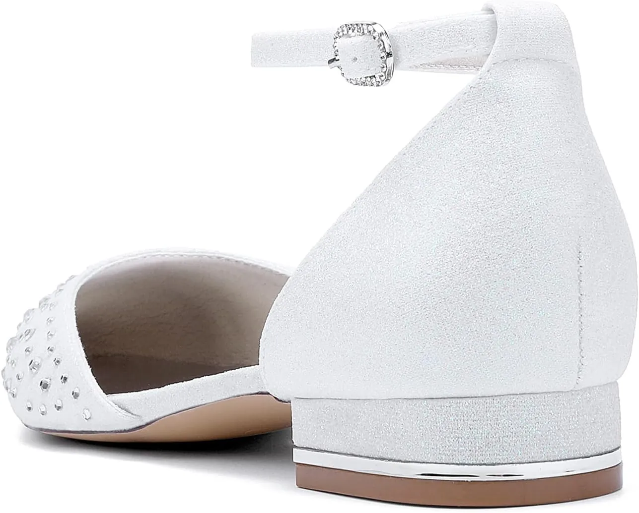 Ivory Rhinestones Bridal Wedding Shoes for Women Low Heel Ankle Strap Pointy Toe Flat Pumps Formal Prom Party Sandals